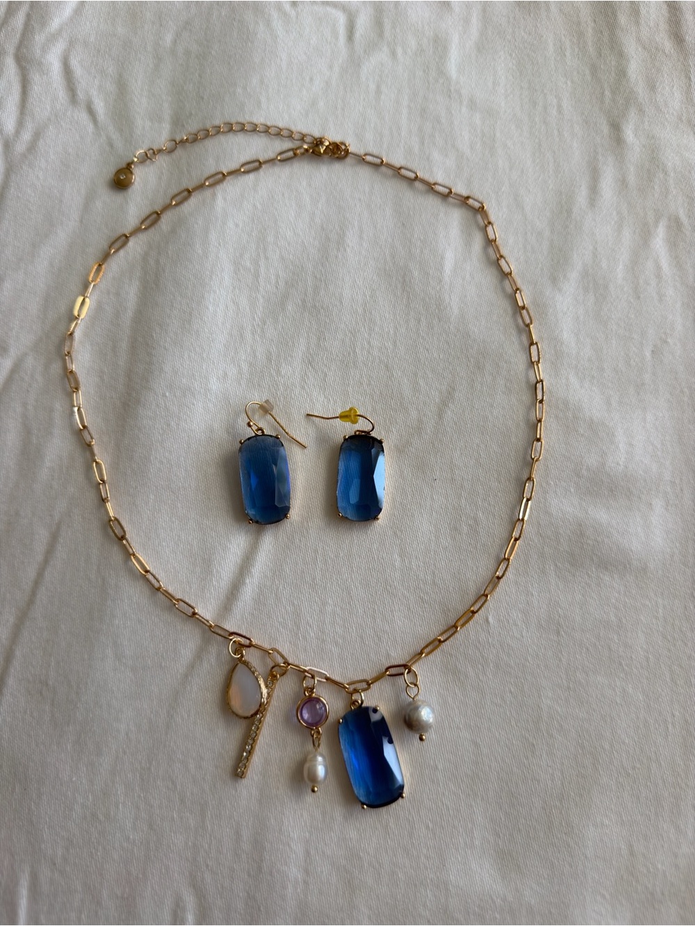 Gold Chain Necklace and Blue Glass Drop Earrings Set - Blue